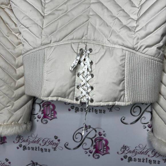 Bebe corset coat jacket snow bunny fur rabbit White Quilted Jacket Fur Trim hood - Picture 9 of 16